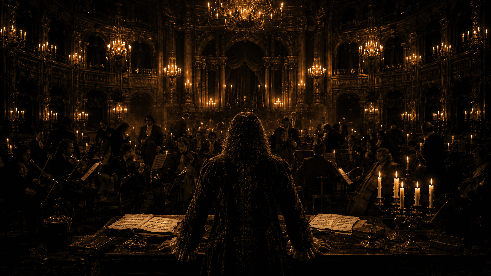Conductor and orchestra in a dark opera hall