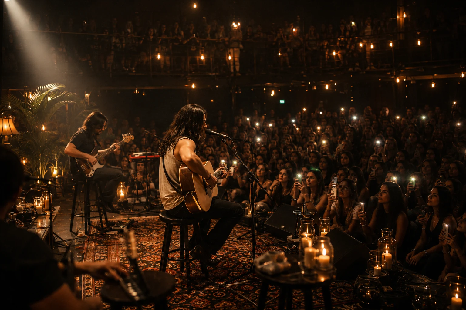 Kam Dridi e a banda vistos de lado no palco